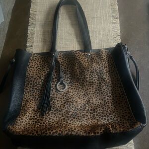 Sanctuary Leather and Calfskin Leopard and Black Shoulder Bag